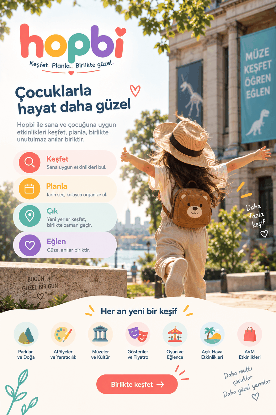 Müze önünde kollarını açmış koşan bir çocuk; Hopbi tanıtım görseli