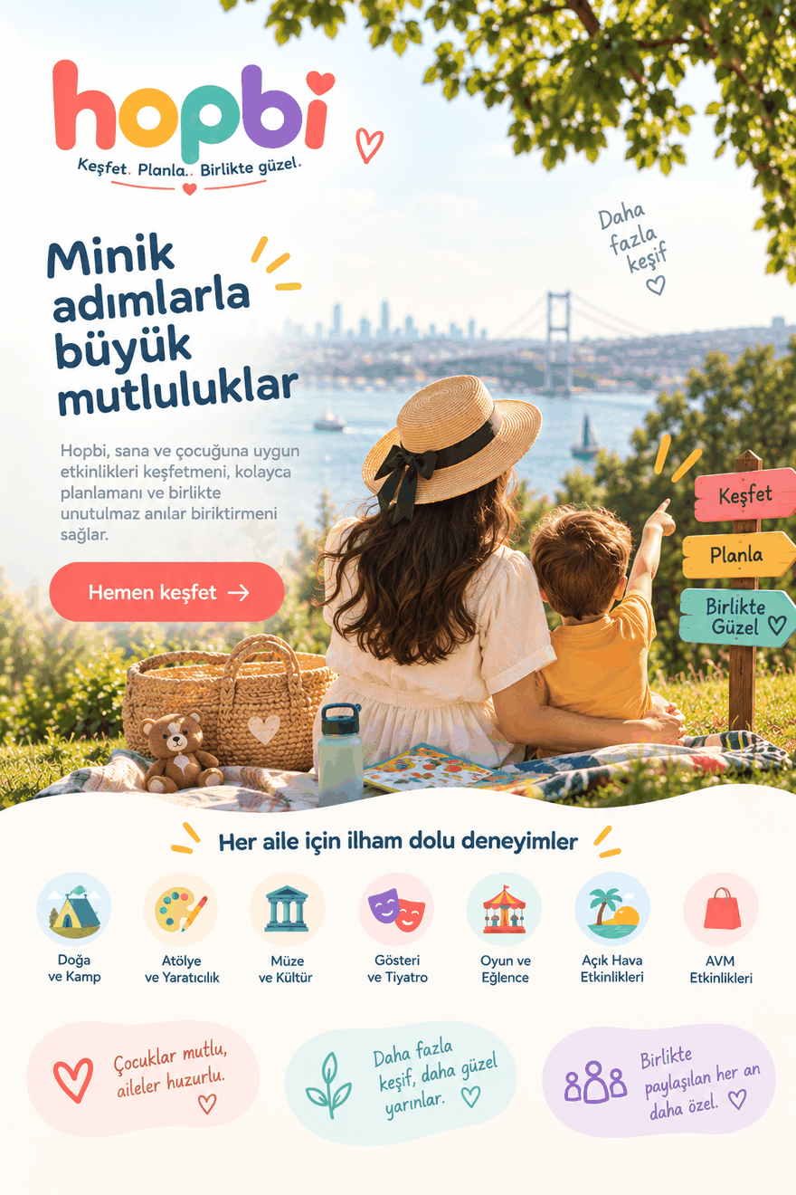 Piknik örtüsünde oturan bir anne ve çocuğu; Hopbi 'Minik adımlarla büyük mutluluklar' görseli